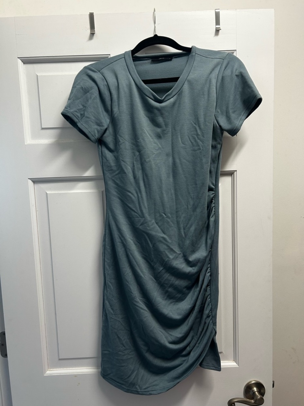 Casual Ruched Short-Sleeve Dress in Dusty Teal